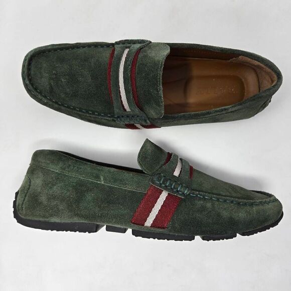 BALLY PIETRO ITALY OLIVE STRIPE STRAP SUEDE DRIVER LOAFER MENS SIZE 7 US - Picture 1 of 10